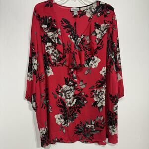 Catherines Dark Floral Ruffle Blouse Sz 3X Red Black Witchy Artsy Feminine Work